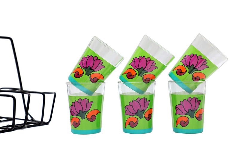 A Krazy Mug A Krazy Mug Colourful Lotus Design Hand Painted Traditional Tapri Tea Glasses with Iron Container Stand Holder (Set of 6, 90ml) - Image 5