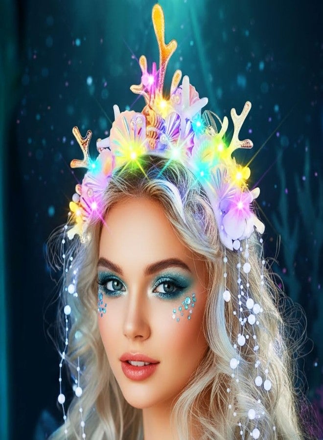 ACEDRE Light Up Mermaid Crown Headband Shell Starfish Headpiece Pearl Costume Hair Accessories for Women - Image 1