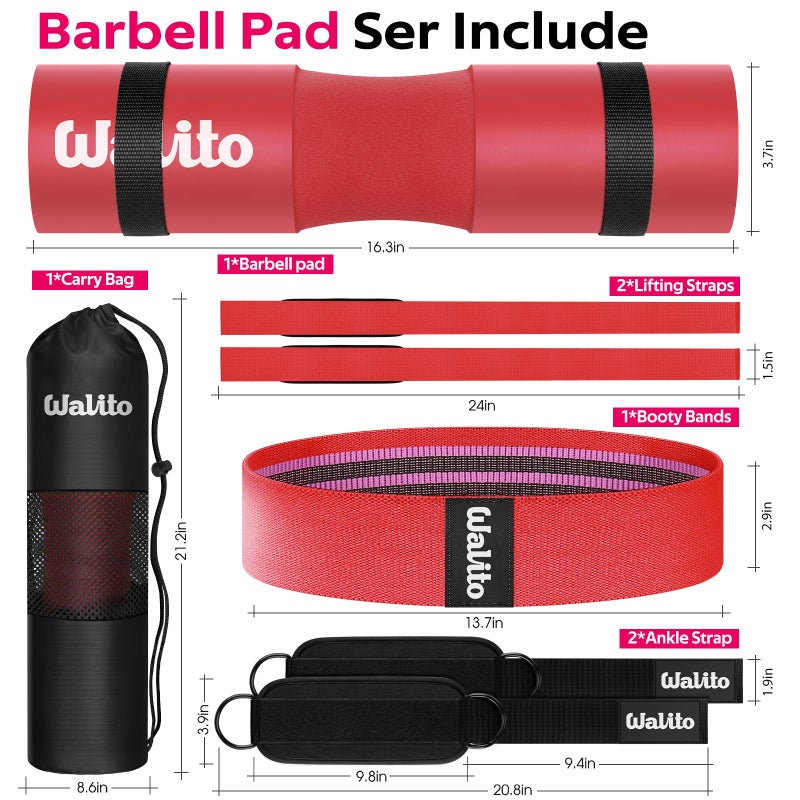 WALITO 7Pcs Barbell Pad Set for Hip Thrust - Squat Pad,Gym Accessories for Women with Bar Bad,Bench Press, with Gym Ankle Straps,Resistance Bands for Working Out,Lifting Strap,Carry Bag - Image 2