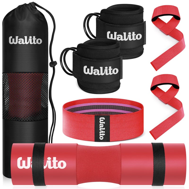 WALITO 7Pcs Barbell Pad Set for Hip Thrust - Squat Pad,Gym Accessories for Women with Bar Bad,Bench Press, with Gym Ankle Straps,Resistance Bands for Working Out,Lifting Strap,Carry Bag - Image 1
