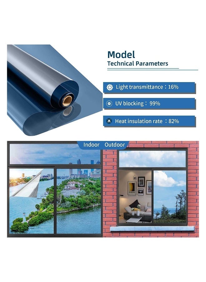 2Pcs One Way Privacy Window Film Premium PET Material Daytime Reflective Heat Control Anti UV Door Sticker Tint for Home Office Living Room Mercury Blue 60 * 100cm - Image 2
