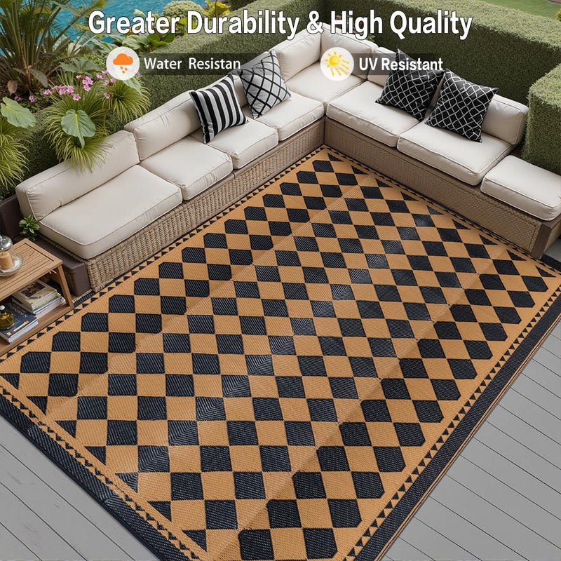 HUGEAR Outdoor Waterproof Rug 6'x9' Plastic Straw Rugs Washable Reversible Floor Mat Brown Plaid Carpet for Camping RV Deck Entryance Porch Picnic Balcony Beach Backyard - Image 4