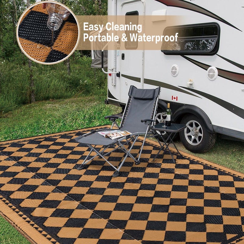 HUGEAR Outdoor Waterproof Rug 6'x9' Plastic Straw Rugs Washable Reversible Floor Mat Brown Plaid Carpet for Camping RV Deck Entryance Porch Picnic Balcony Beach Backyard - Image 5