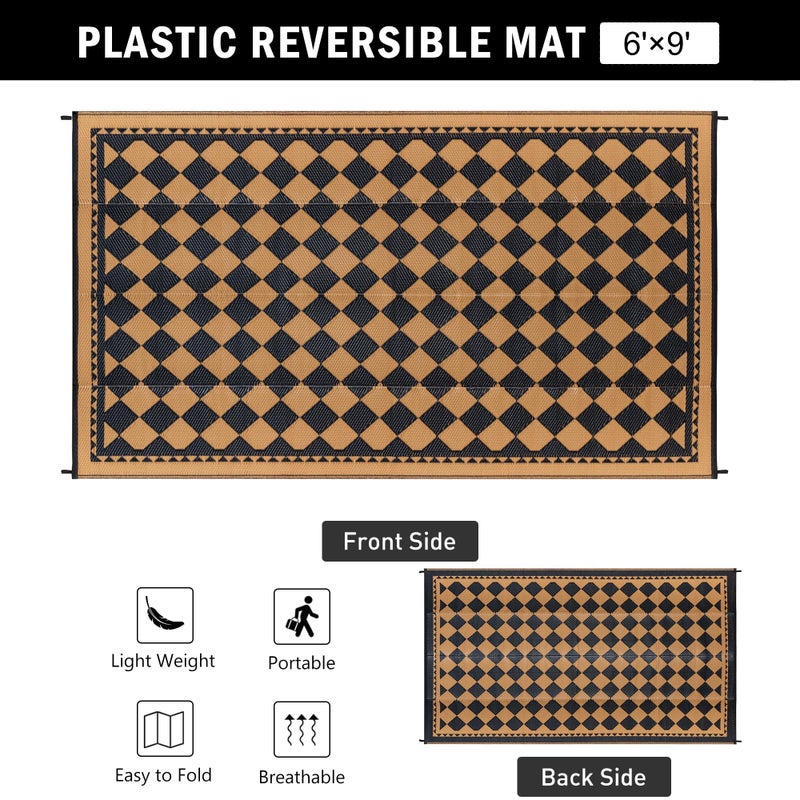 HUGEAR Outdoor Waterproof Rug 6'x9' Plastic Straw Rugs Washable Reversible Floor Mat Brown Plaid Carpet for Camping RV Deck Entryance Porch Picnic Balcony Beach Backyard - Image 2