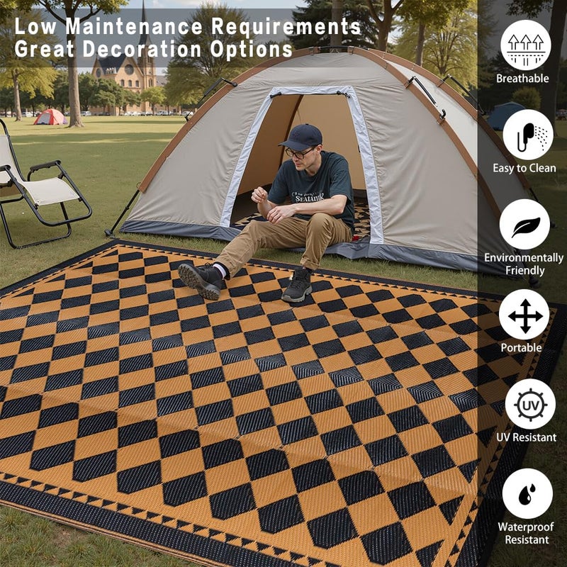 HUGEAR Outdoor Waterproof Rug 6'x9' Plastic Straw Rugs Washable Reversible Floor Mat Brown Plaid Carpet for Camping RV Deck Entryance Porch Picnic Balcony Beach Backyard - Image 3