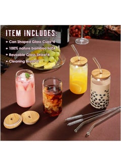 FUFU FUFU Drinking Glasses with Bamboo Lids and Glass Straw 4pcs Set 16oz Can Shaped Glass Cups  - Image 3