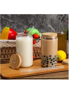 FUFU FUFU Drinking Glasses with Bamboo Lids and Glass Straw 4pcs Set 16oz Can Shaped Glass Cups  - Image 4