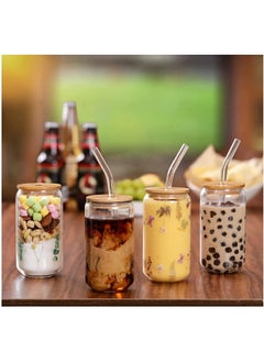 FUFU FUFU Drinking Glasses with Bamboo Lids and Glass Straw 4pcs Set 16oz Can Shaped Glass Cups  - Image 5