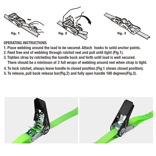 XSTRAP STANDARD Ratchet Tie Down Straps 4 Pk 10 Ft- 300 Lbs Load Cap- 900 Lbs Break Strength-Cargo Straps for UTV, ATV, Pickup,Truck, Moving Appliances, Lawn Equipment, Neon Green - Image 4