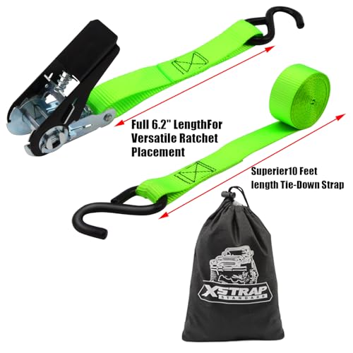 XSTRAP STANDARD Ratchet Tie Down Straps 4 Pk 10 Ft- 300 Lbs Load Cap- 900 Lbs Break Strength-Cargo Straps for UTV, ATV, Pickup,Truck, Moving Appliances, Lawn Equipment, Neon Green - Image 2