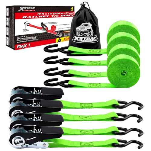 XSTRAP STANDARD Ratchet Tie Down Straps 4 Pk 10 Ft- 300 Lbs Load Cap- 900 Lbs Break Strength-Cargo Straps for UTV, ATV, Pickup,Truck, Moving Appliances, Lawn Equipment, Neon Green - Image 1