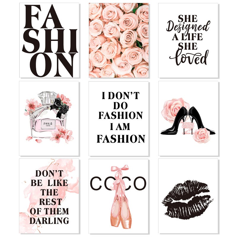 Outus 9 Pieces Women Stylish Wall Art Pink Flowers Modern Art Posters Perfume Modern Art Painting Stylish High Heels Makeup Brush for Girls Living Room Bedroom Office Bathroom Decor 8 x 10 Inch Unframed - Image 1
