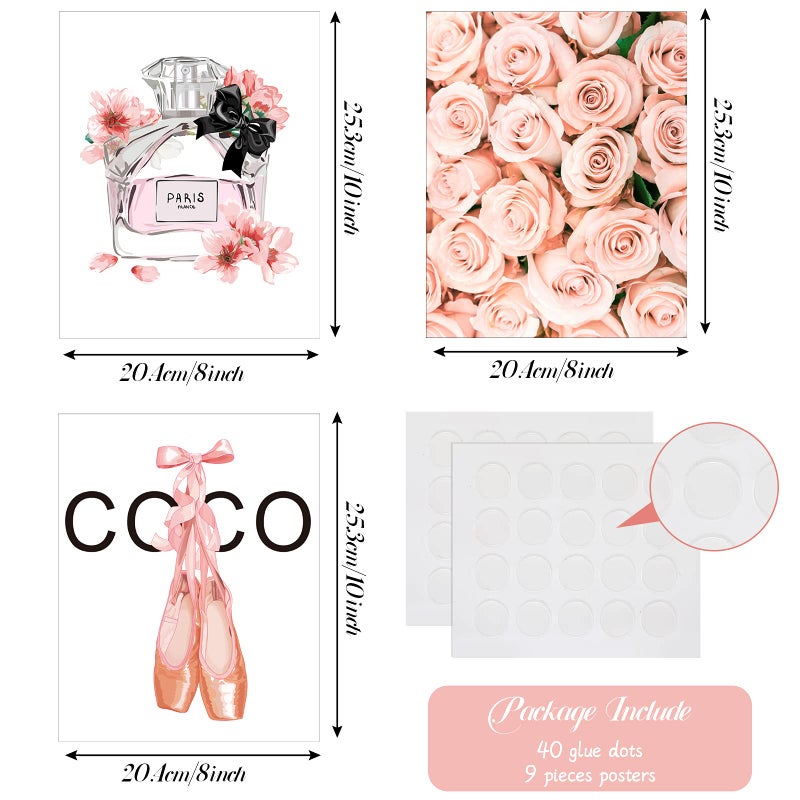 Outus 9 Pieces Women Stylish Wall Art Pink Flowers Modern Art Posters Perfume Modern Art Painting Stylish High Heels Makeup Brush for Girls Living Room Bedroom Office Bathroom Decor 8 x 10 Inch Unframed - Image 3
