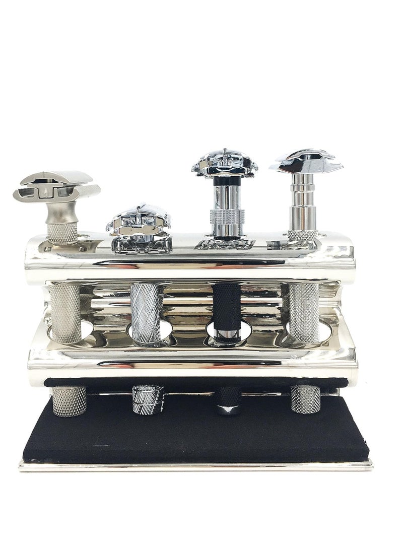 Parker Safety Razor - Parker Double Edge Razor Stand - Solid Brass with Mirror Chrome Finish -Holds 4 Razors - Parker Stand with Padded Base - Excellent Storage for Long Handled Double Edge Safety Razors - Image 1