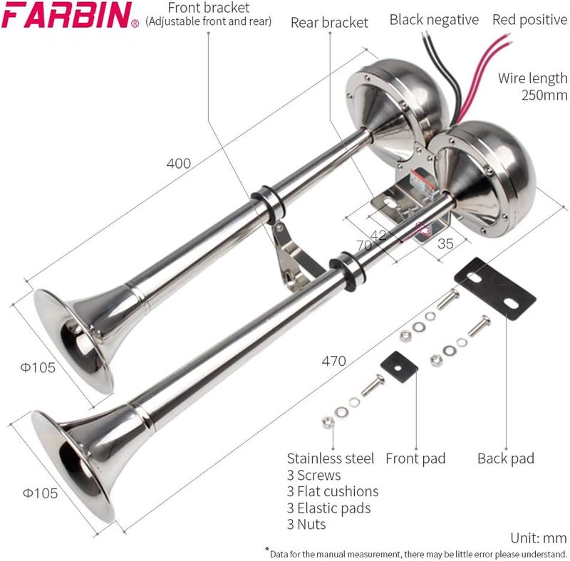 FARBIN 24V Dual Trumpet Marine Boat Horns - Stainless Steel Electric Horn with Mounting Bracket - Image 4