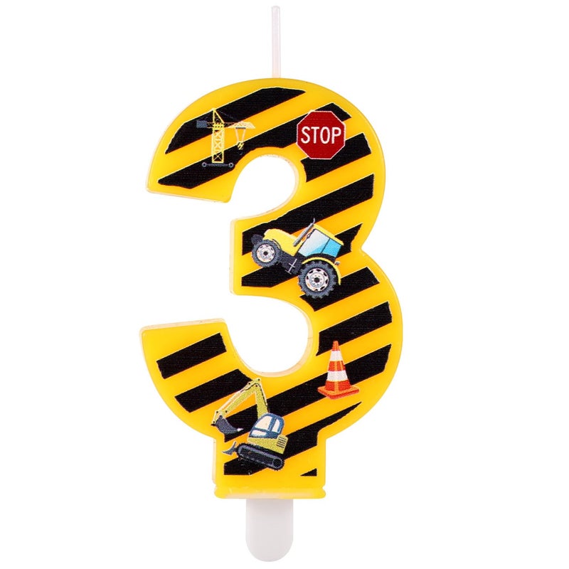 lasuroa Construction Birthday Candle, Happy Birthday Candles Numbers Construction Cake Topper Yellow and Black Striped Candles for Boys Construction Birthday Party Supplies Decorations (Number 3) - Image 1