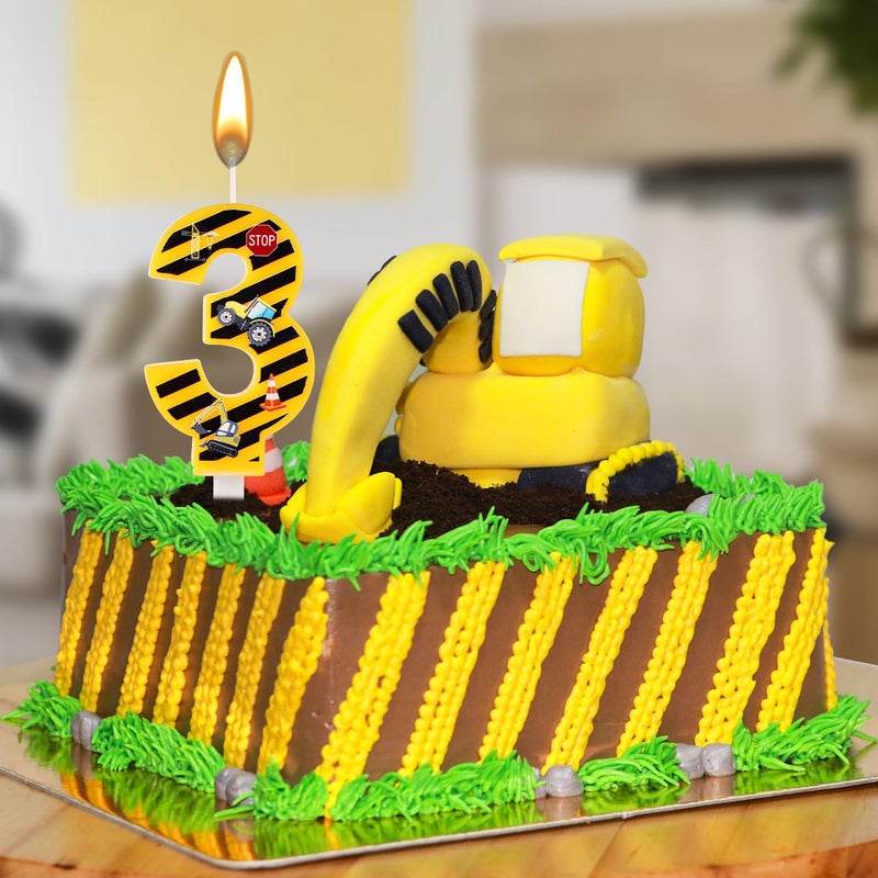 lasuroa Construction Birthday Candle, Happy Birthday Candles Numbers Construction Cake Topper Yellow and Black Striped Candles for Boys Construction Birthday Party Supplies Decorations (Number 3) - Image 4