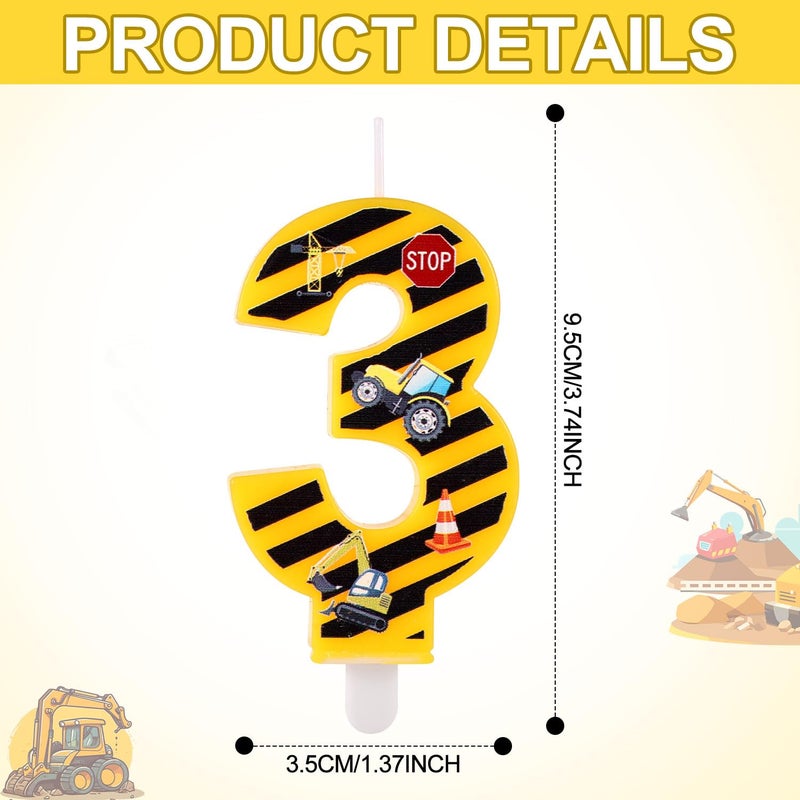 lasuroa Construction Birthday Candle, Happy Birthday Candles Numbers Construction Cake Topper Yellow and Black Striped Candles for Boys Construction Birthday Party Supplies Decorations (Number 3) - Image 2