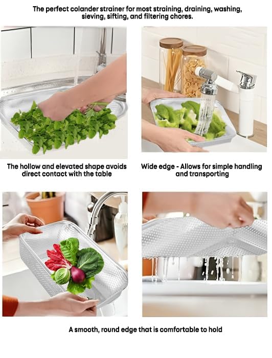 FRESHOME Freshome Square Stainless Steel Collander (Size: 30X22) for Washing Rice, Fruits, Vegetables and Grains to Filter Easily in The Kitchen Bowl Strainer FH-7, 20X15X5 Cm, Silver - Image 5