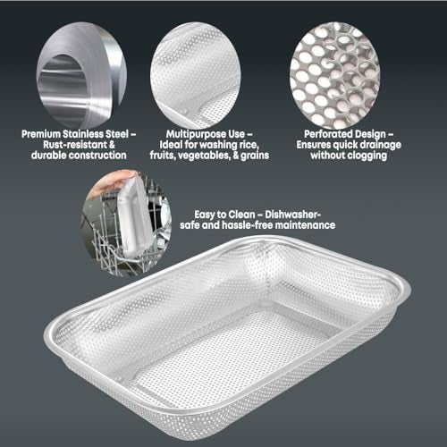 FRESHOME Freshome Square Stainless Steel Collander (Size: 30X22) for Washing Rice, Fruits, Vegetables and Grains to Filter Easily in The Kitchen Bowl Strainer FH-7, 20X15X5 Cm, Silver - Image 4