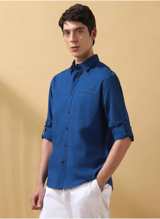 دينيس لينغو Teal Blue Cotton slub Solid Pattern Regular Fit Shirts for Men with Spread collar Neckline Full Sleeves Regular Length Upper Body Wear Button Down Button Closure Woven Weave - Perfect for Lifestyle Occasions