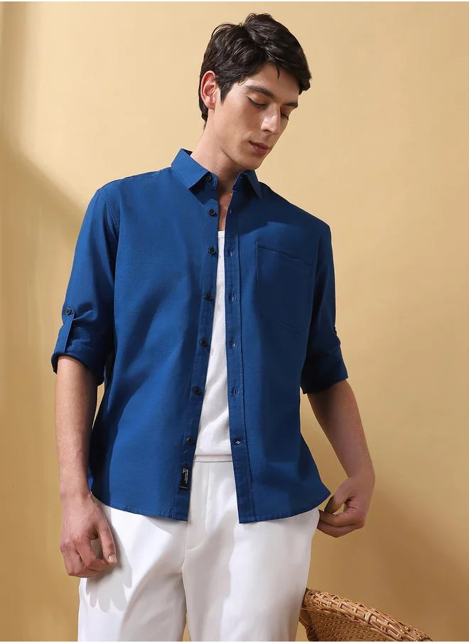 دينيس لينغو Teal Blue Cotton slub Solid Pattern Regular Fit Shirts for Men with Spread collar Neckline Full Sleeves Regular Length Upper Body Wear Button Down Button Closure Woven Weave - Perfect for Lifestyle Occasions