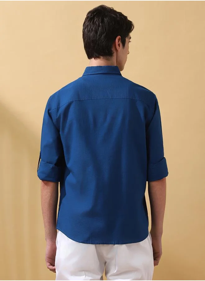 دينيس لينغو Teal Blue Cotton slub Solid Pattern Regular Fit Shirts for Men with Spread collar Neckline Full Sleeves Regular Length Upper Body Wear Button Down Button Closure Woven Weave - Perfect for Lifestyle Occasions