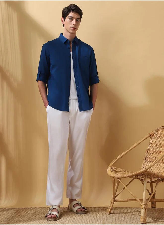 Dennis Lingo Teal Blue Cotton slub Solid Pattern Regular Fit Shirts for Men with Spread collar Neckline Full Sleeves Regular Length Upper Body Wear Button Down Button Closure Woven Weave - Perfect for Lifestyle Occasions
