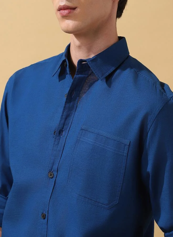 Dennis Lingo Men's Teal Blue Cotton Blend Solid Pattern Button Down Regular FiT-Shirt