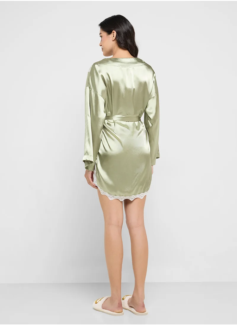 جينجر Satin Robe With Lace Detailing