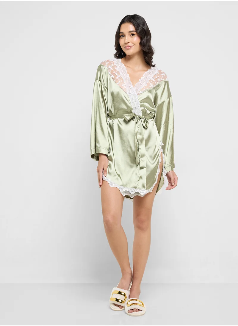 جينجر Satin Robe With Lace Detailing