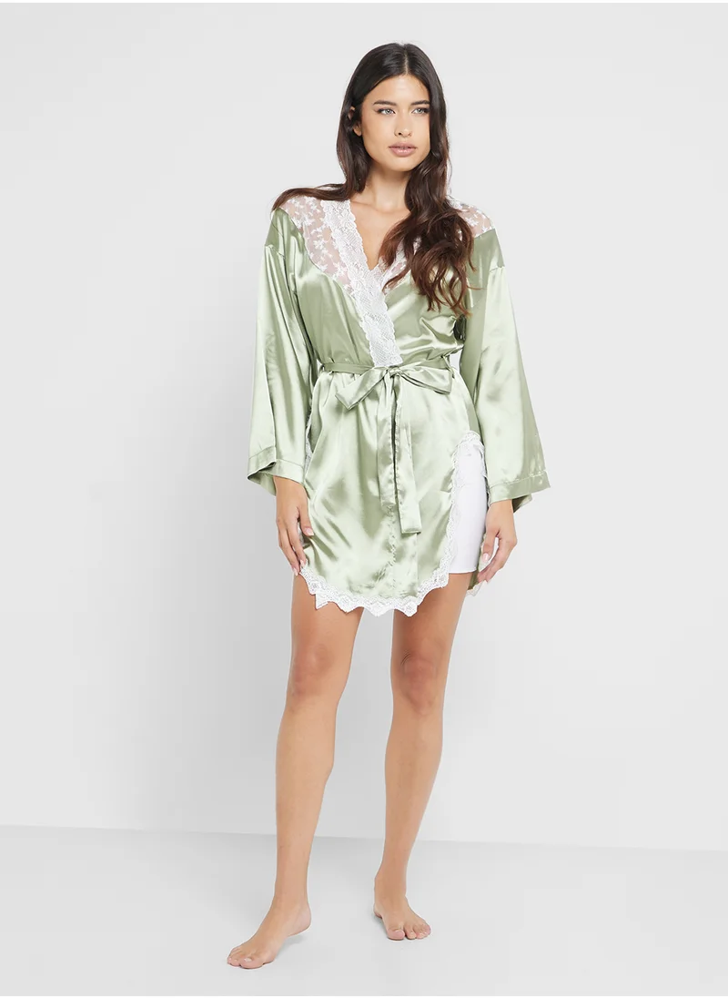 جينجر Satin Robe With Lace Detailing