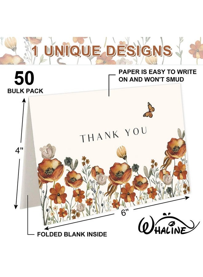 وولاين مجموعة من 50 بطاقة شكر زهور الخريف، بطاقات معايدة زهور برية خريفية عتيقة مع ملصقات مغلف كرافت، بطاقات ملاحظات فارغة زهورية عتيقة لحفلات الزفاف وأعياد الميلاد وحفلات استقبال المولود - Image 2