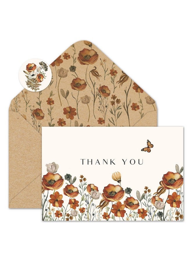 وولاين مجموعة من 50 بطاقة شكر زهور الخريف، بطاقات معايدة زهور برية خريفية عتيقة مع ملصقات مغلف كرافت، بطاقات ملاحظات فارغة زهورية عتيقة لحفلات الزفاف وأعياد الميلاد وحفلات استقبال المولود - Image 1