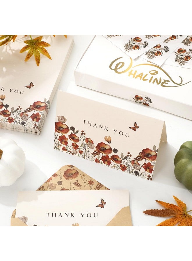 وولاين مجموعة من 50 بطاقة شكر زهور الخريف، بطاقات معايدة زهور برية خريفية عتيقة مع ملصقات مغلف كرافت، بطاقات ملاحظات فارغة زهورية عتيقة لحفلات الزفاف وأعياد الميلاد وحفلات استقبال المولود - Image 4