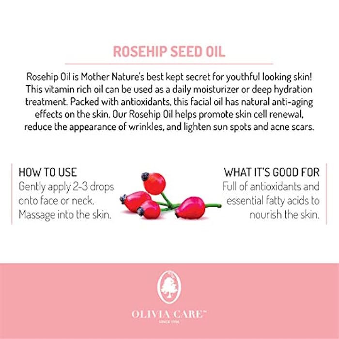 Olivia Care Rosehip Seed Oil Serum By Olivia Care Natural Moisturizer for Face, Body & Skin with Vitamins E, C, A & Omega 6, Perfect for Treating Wrinkles, Acne Scars, Sun Spots, Dark Circles & Anti-Aging - 1 OZ - Image 5
