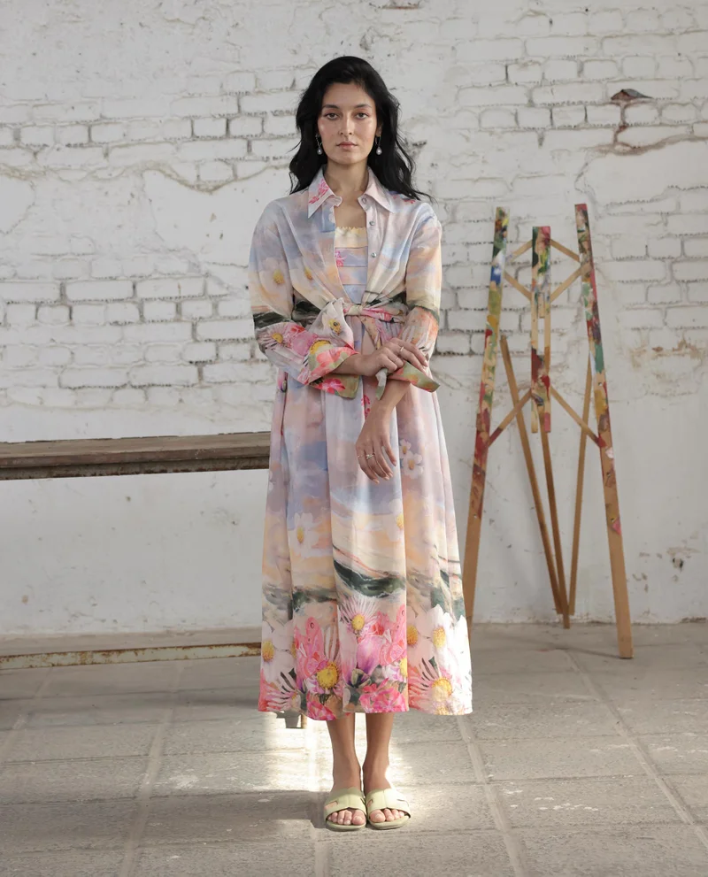 Rareism Women's Floral Printed Pleated Tube Midi Dress