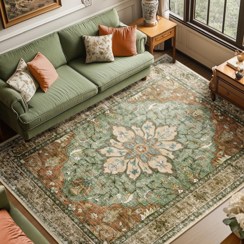 RELEANY Area Rugs 8'x10' Washable Non-Slip, Floral Vintage Distress Print Pattern Medallion Carpet for Living Room Bedroom Dining Room, Brick Red Rust Neutral Brown Burnt Orange Green - Image 1