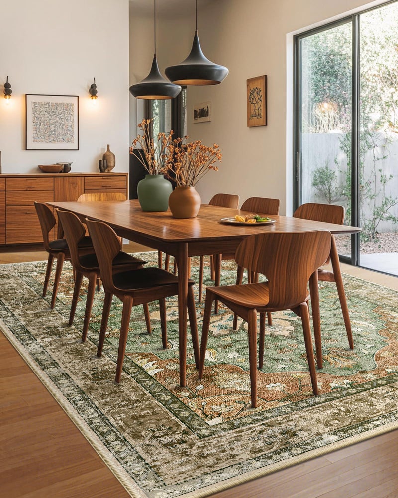 RELEANY Area Rugs 8'x10' Washable Non-Slip, Floral Vintage Distress Print Pattern Medallion Carpet for Living Room Bedroom Dining Room, Brick Red Rust Neutral Brown Burnt Orange Green - Image 4