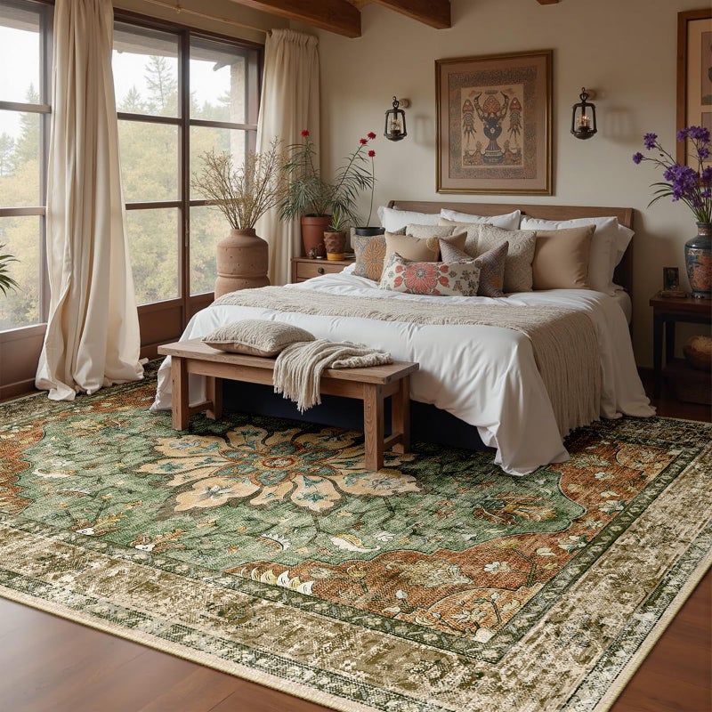RELEANY Area Rugs 8'x10' Washable Non-Slip, Floral Vintage Distress Print Pattern Medallion Carpet for Living Room Bedroom Dining Room, Brick Red Rust Neutral Brown Burnt Orange Green - Image 3