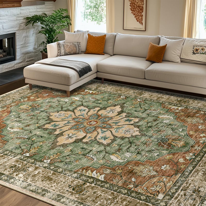RELEANY Area Rugs 8'x10' Washable Non-Slip, Floral Vintage Distress Print Pattern Medallion Carpet for Living Room Bedroom Dining Room, Brick Red Rust Neutral Brown Burnt Orange Green - Image 2