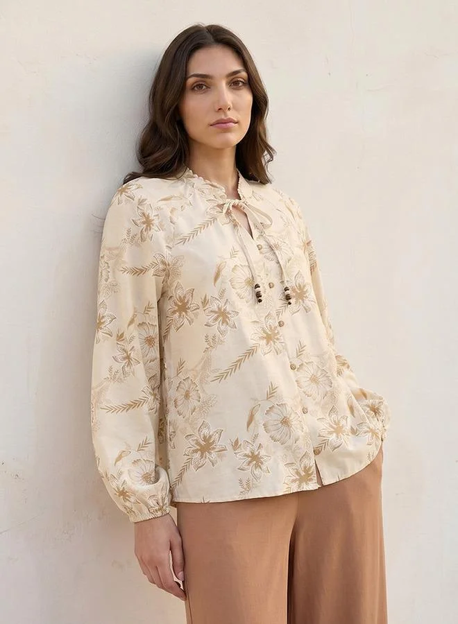 ايكونيك LINEN EMBROIDERED VOLUME SLEEVE BLOUSE
