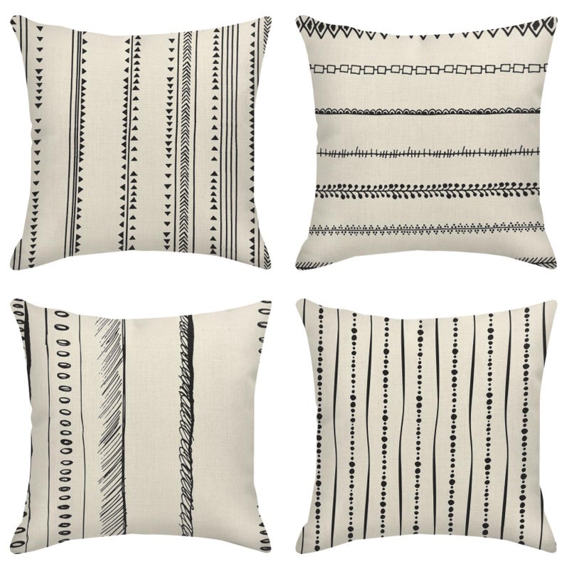 ArtSocket Set of 4 Throw Pillow Covers Pattern Black and White Boho Bohemian Geometric Dots Lines of Borders Decor Linen Outdoor Pillow Cases Home Decorative Square 18x18 Inches Pillowcases