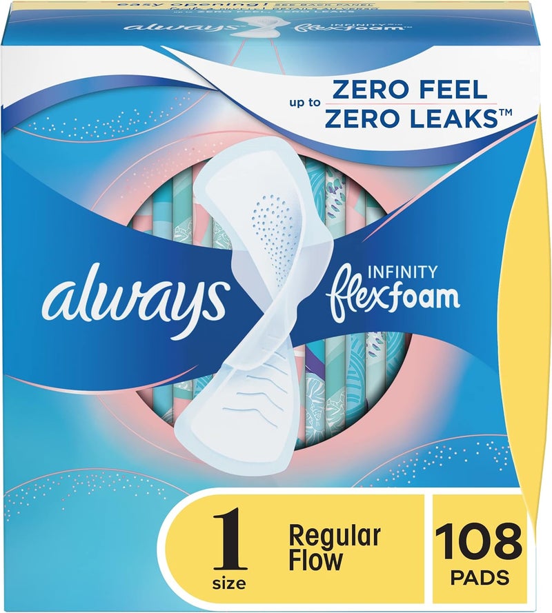 Always Infinity Feminine Pads For Women, Size 1 Regular Absorbency, Multipack, With Wings, With Flexfoam, Unscented, 36 Count x 3 Packs (108 Count total)