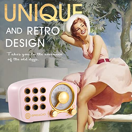 Greadio Retro Bluetooth Speaker, Vintage Radio-Greadio FM Radio with Old Fashioned Classic Style, Strong Bass Enhancement, Loud Volume, Bluetooth 5.0 Wireless Connection, TF Card and MP3 Player (Pink) - Image 3