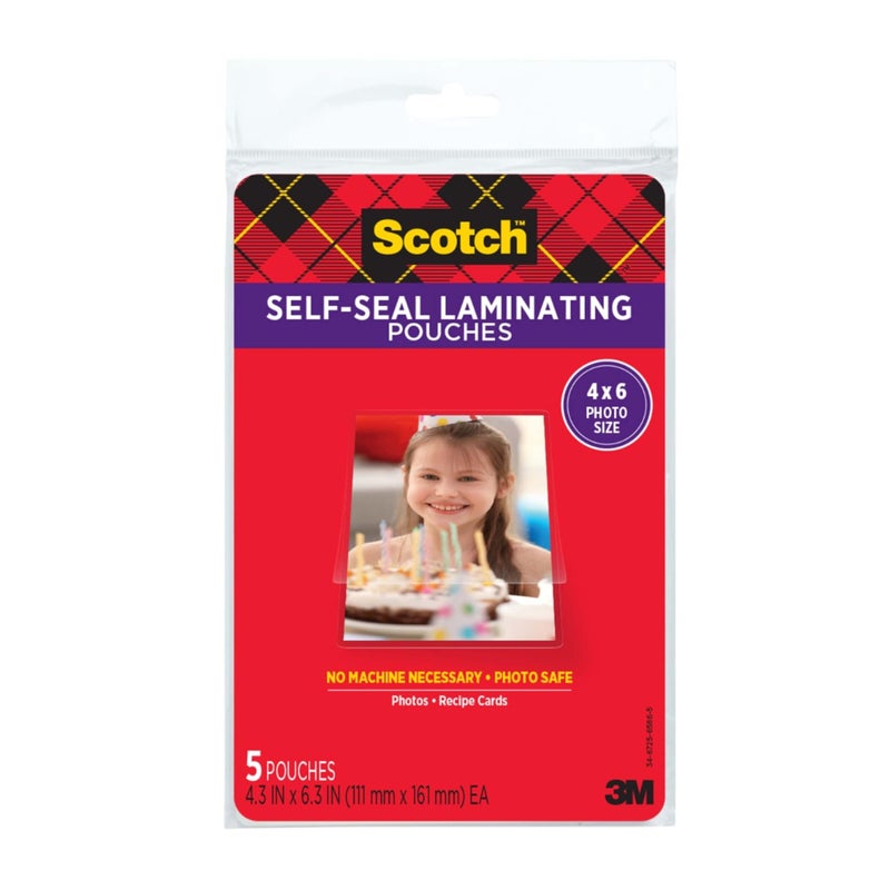 Scotch Self-Sealing Laminating Pouches, Gloss Finish, Photo Size 4 x 6 Inches, 5/Pack - Image 1
