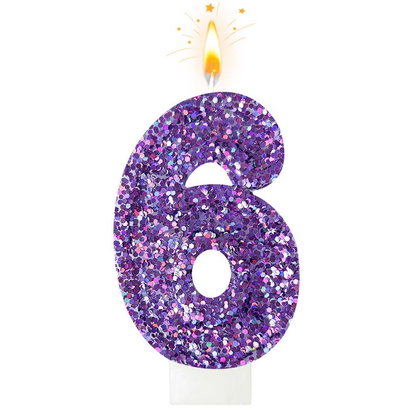 Zailo Birthday Number Candles, Glitter Number Candle Cake Decorations with Sequins, Cupcake Decorations for Girls, Women, Party Anniversary Celebrations (Number 6, Purple) - Image 1