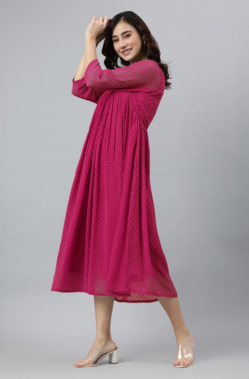 Janasya Women's Rani Pink Dobby Chiffon Woven Design Flared Dress (JAC24KR01579-2XL) - Image 3