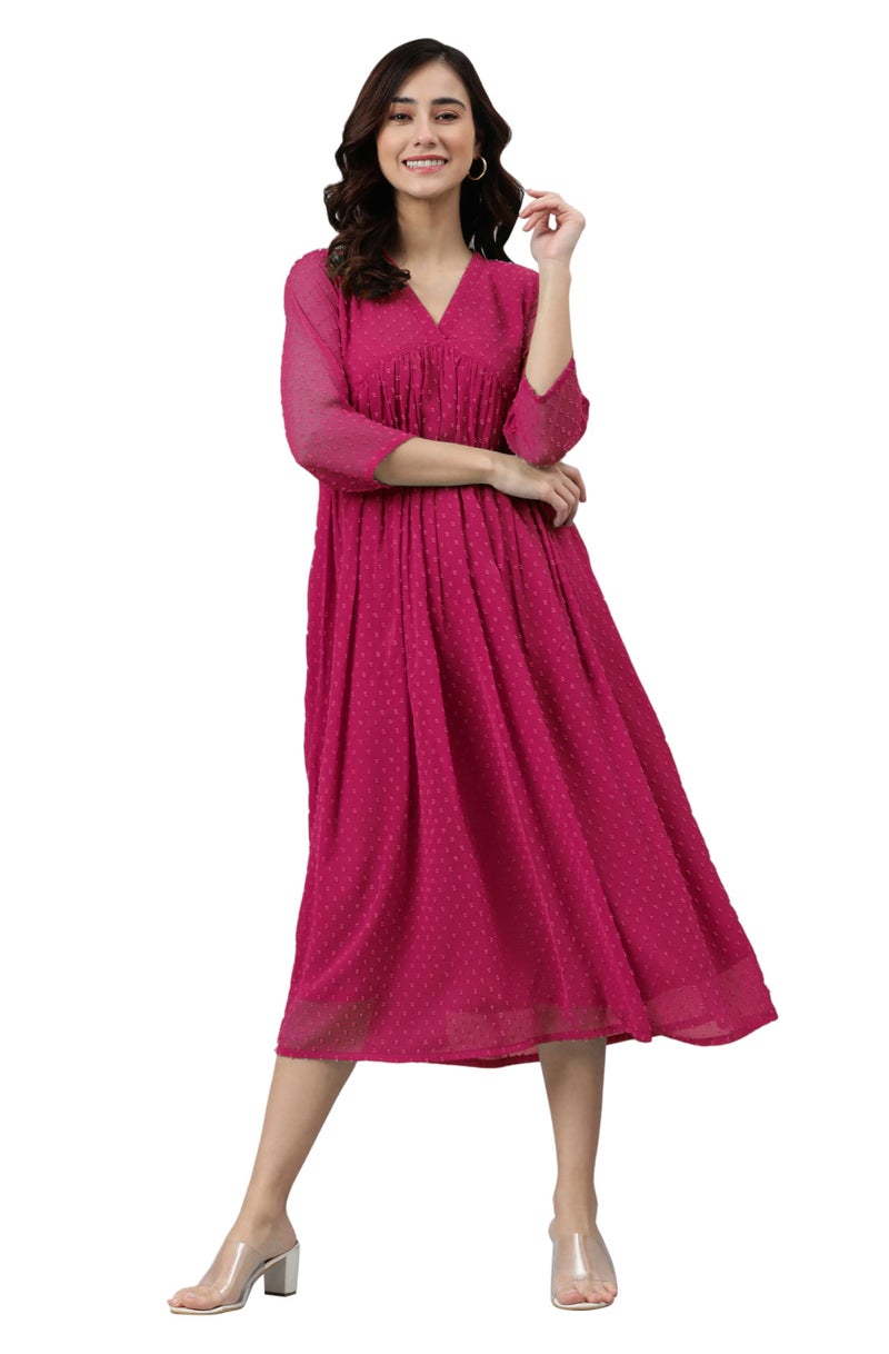 Janasya Women's Rani Pink Dobby Chiffon Woven Design Flared Dress (JAC24KR01579-2XL) - Image 1
