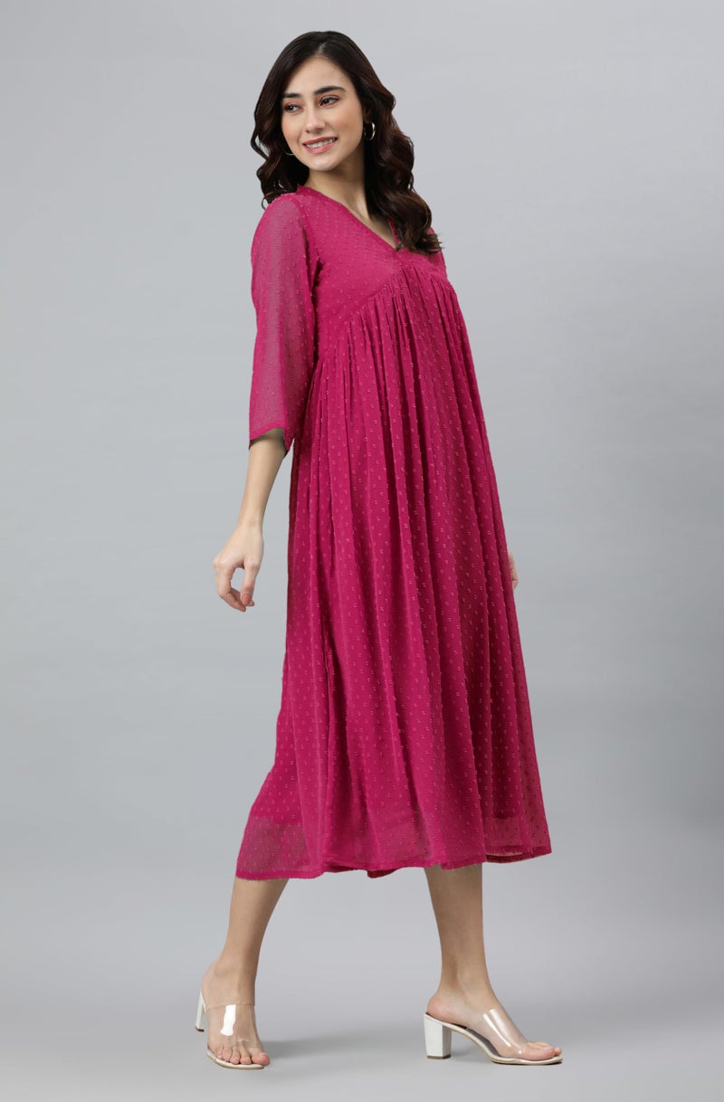 Janasya Women's Rani Pink Dobby Chiffon Woven Design Flared Dress (JAC24KR01579-2XL) - Image 2